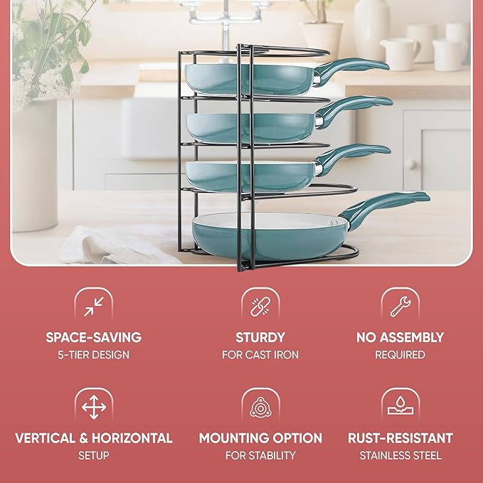 Heavy-Duty Pots and Pans Organizer | 5-Tier Cookware & Lid Storage Rack | Free-Standing or Wall-Mount | Kitchen Organizer for Cast Iron Skillets, Pots, Frying Pans, Lids | Black