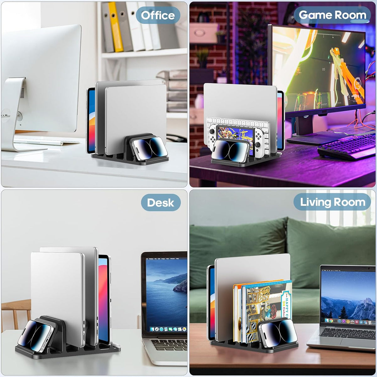 KDD 4-Slot Vertical Laptop Stand with Gravity Locking, 6-in-1 Laptop Holder Desktop Stand, Space-Saving Organizer Fits MacBook/Surface/HP/Dell/Book/Tablet/Switch/Cell Phone and Keyboard