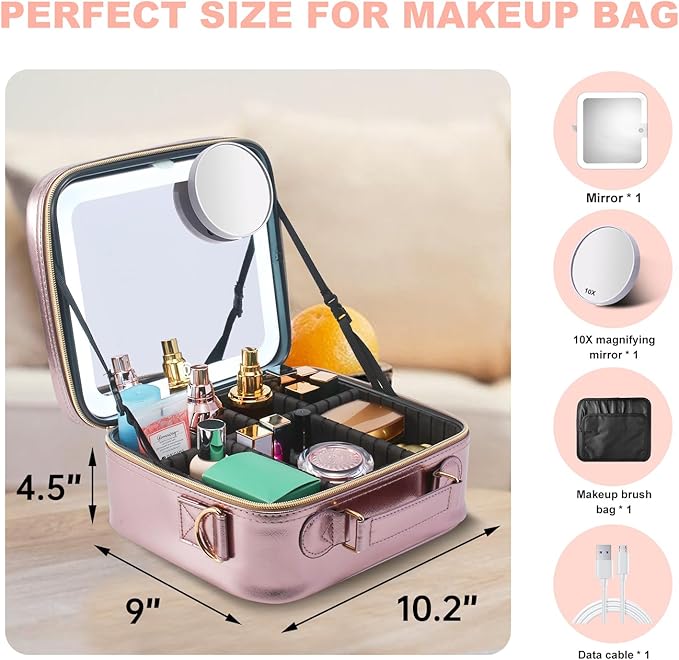 Mocado Travel Makeup Bag with LED Lighted Mirror, Travel Makeup Organizer, Makeup Case with 3 Color Lighted Setting and 10x Magnifying Mirror, Portable Storage and Adjustable Dividers (Champagne)