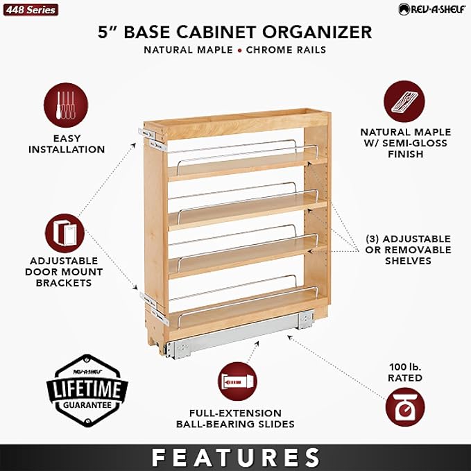 Rev-A-Shelf 5" Pullout Kitchen Cabinet Storage Organizer Slide Out Pantry Spice Rack with Adjustable Shelves for 5.5" W Cabinet Opening, 448-BC-5C