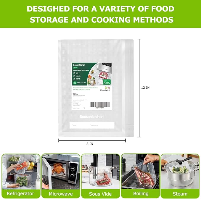 Bonsenkitchen Precut Vacuum Bags 100 Quart 8" x 12", BPA Free, Commercial Grade Textured Food Sealer Bag, Thick Embossed Bags for Storage and Sous Vide Cooking VB3205