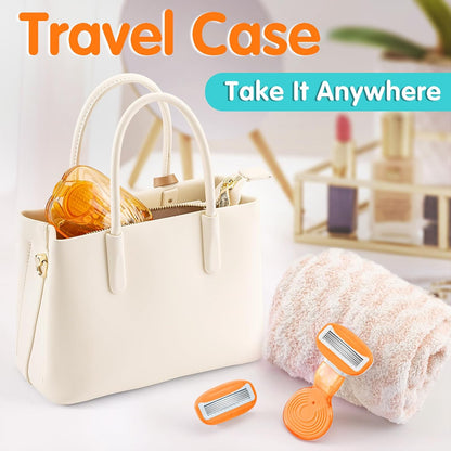 DreamGenius Travel Razors for Women Include 1 Handle and 5 Cartridges, Extra Smooth 5-Blade Travel Essentials Razor with Case for Shaving, Orange