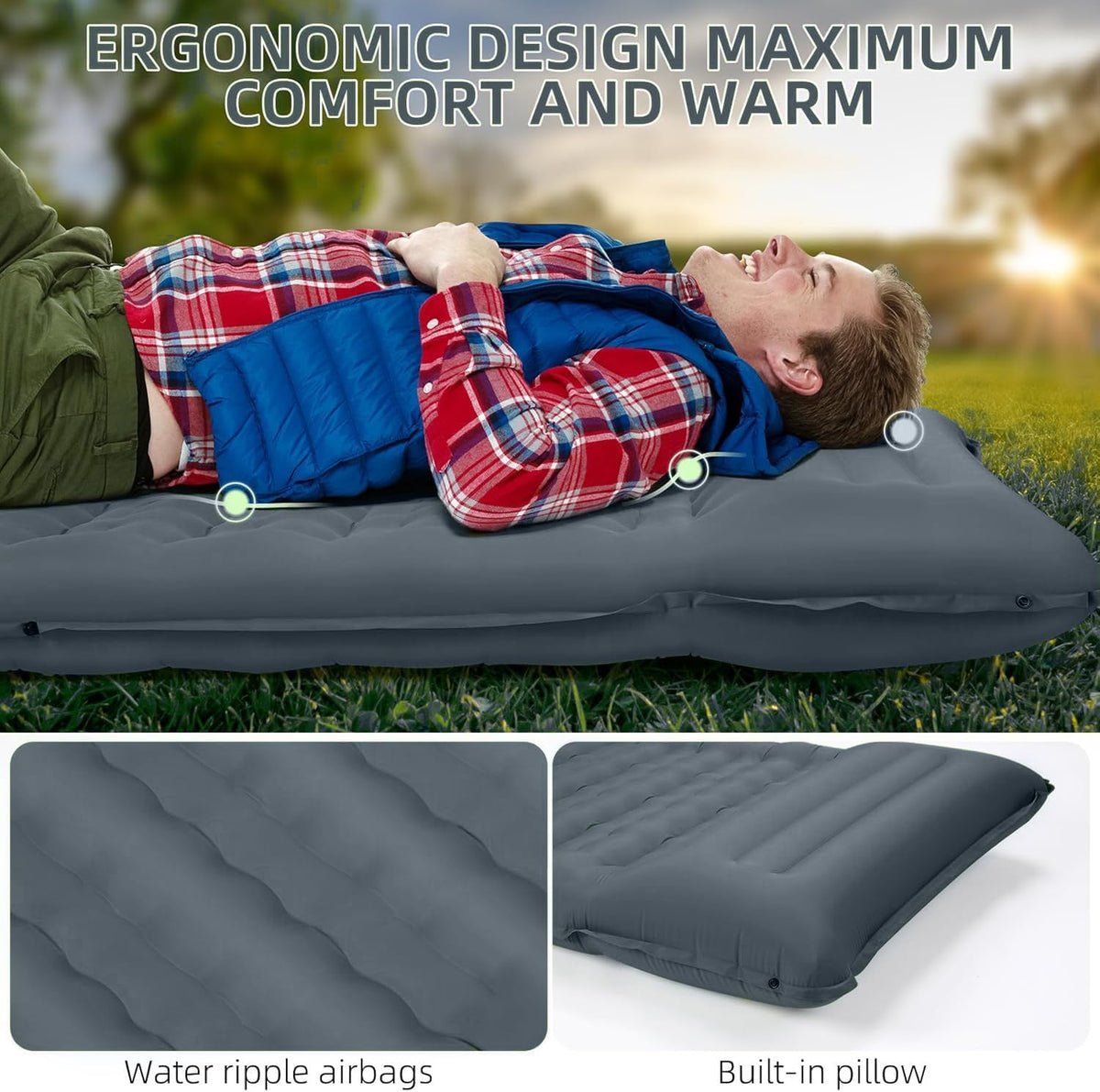 Camping Sleeping Pad, Extra Thick 5 Inch Camping Mat with Pillow Built-in Foot Pump Inflatable Sleeping Pads Compact for Camping Backpacking Hiking Traveling Tent（Gray）