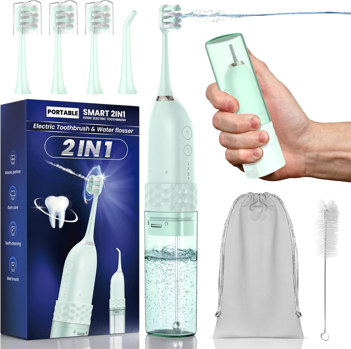 Portable Water flosser with Electric Toothbrush, 2 in 1 Teeth Cleaning Kit, Electric Toothbrush and flosser Combo, Water Flosser for Travel and Home (Green)