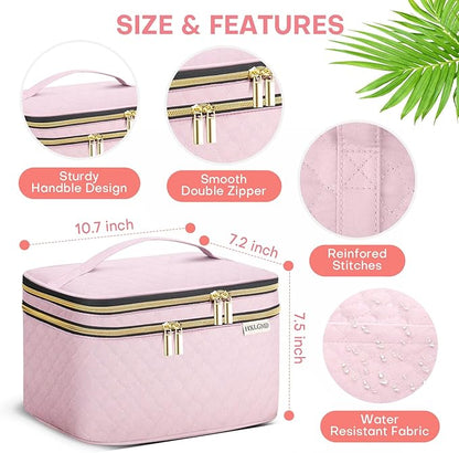 Large Makeup Bag with Mirror Double Layer Travel Make Up Organizer Case, Large Capacity Coemetic with Brush Slot Divider, Travel Toiletry Bag for Women (Pink)