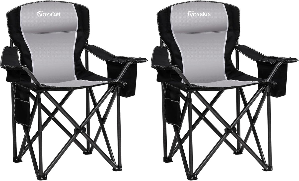 Padded Camping Chairs for Adults, Oversized Folding Outdoor Chairs, Weight Capacity 475lbs, with Cooler Bag, Cup Holder, Storage Pocket Carry Bag (Black - 2 Pack)