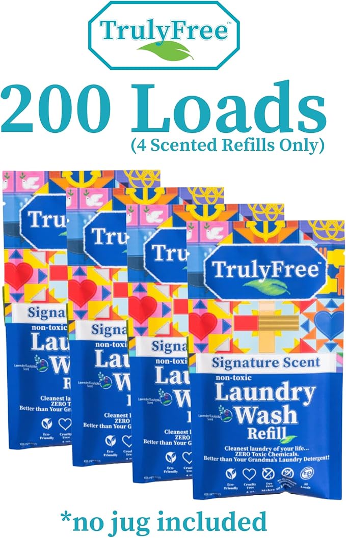 Truly Free Natural Laundry Detergent for Sensitive Skin | Eco Friendly, Plant Based, Baby Clothes Safe | Clean & Easy Powder to Liquid, 4 Pack Refill Detergent, NO Jug | Signature Scent, 200 Loads