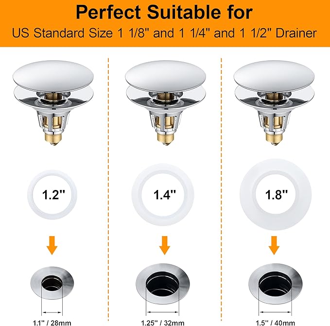 Universal Bathroom Sink Stopper, 1.1~1.5" Sink Drain Stopper, Full Size Bounce Bullet Type Pop Up Basin Drain Strainer, Chrome Anti-Clogging Sink Drain Filter with Hair Catcher (Silver)