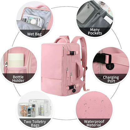 Hanples Carry on Travel Backpack for Women, Large 35L Personal Item Luggage Backpack,17 inch Laptop Backpack TSA Flight Approved, Travel Essentials Casual Daypack with 2 Toiletry Bags (Pink)