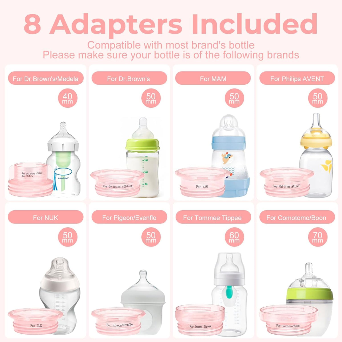 Portable Cordless Baby Bottle Warmer for Travel, Rechargeable with 8 Adapters & 1 Milk Powder Container, Safe Material, Fast Heating, Compatible with Major Brands,Pink
