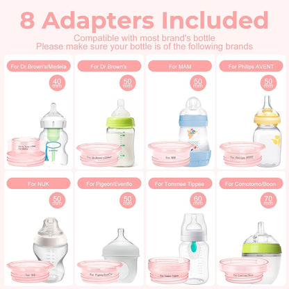 Portable Cordless Baby Bottle Warmer for Travel, Rechargeable with 8 Adapters & 1 Milk Powder Container, Safe Material, Fast Heating, Compatible with Major Brands,Pink
