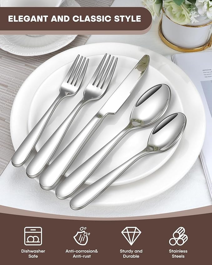 30-Piece Flatware Set for 6, Heavy Duty Knives Forks Spoons Silverware Set with Premium Mirror Polished Stainless Steel Utensils, Dishwasher Safe