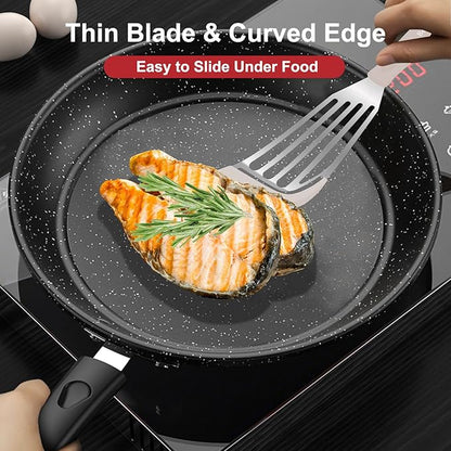 Beijiyi Silicone Fish Spatula Set, 2-Piece Heat Resistant Fish Turner Spatula for Non Stick Frying Pan, Flexible Kitchen Cooking Utensils, Slotted Egg Flipper, Large 12.3 In, Small 10.6 In, Khaki