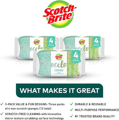 Scotch-Brite ocelo Non-Scratch Scrub Sponges, Assorted Designs, Scratch-Free for Nonstick Cookware & Dishes, Kitchen & Bathroom Use, Reusable Multi-Surface Cleaning Sponges (12 Count (Pack of 3))