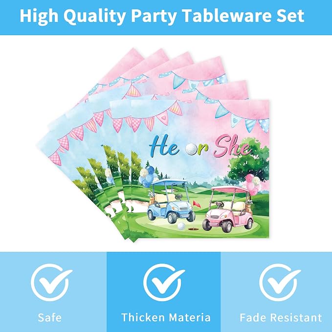96 Pcs Golf Gender Reveal Decorations, He or She Tableware Set | Golf Cart Theme