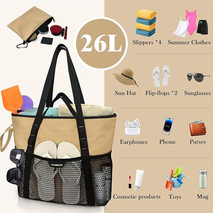 Beach Bag with Zipper - 8 Pockets Sandproof Beach Tote Bag for Women,Foldable Lightweight Family Swim Bag Vacation
