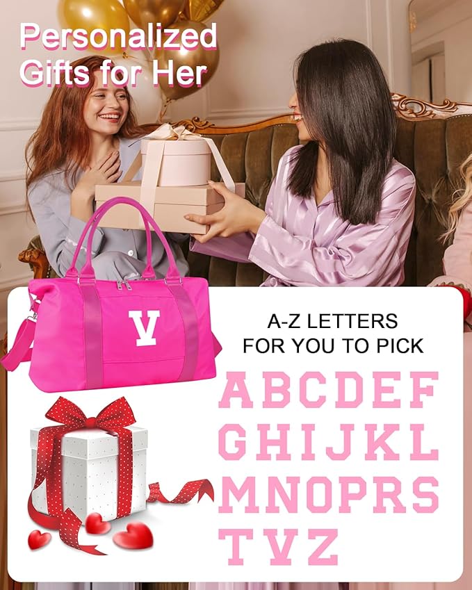 Overnight Bag for Kids Teen Girls Weekender Dance Bag Birthday Graduation Gifts,Initial Travel Duffel Bag Sports Gym Bag Personalized Weekender Bag Carry On Bags Preppy Gifts for Women(Hot Pink, V)