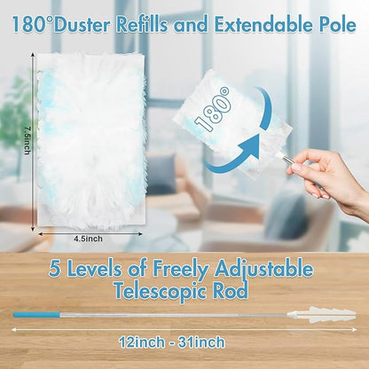 36 Pack 180° Duster Refills for Swiffer Duster Kit, with 1 Telescoping Handle for Multi Surface Dusters Heavy Duty Refill, 4X Electrostatic for Cleaning Furniture, Blinds, Electronic, Glass, Car.