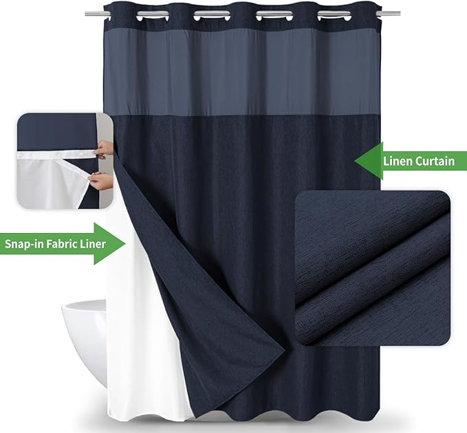 Extra Long No Hooks Needed Linen Textured Shower Curtain with Snap-in Fabric Liner Set,White Hotel Luxury Decor Shower Curtains for Bathroom,Waterproof & Washable,71Wx86H,Navy Blue