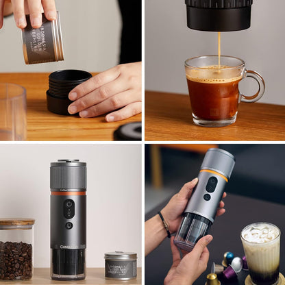 CONQUECO Portable Espresso Machine Travel: 12v Car Coffee Maker for Camping - Small Electric - 2.5 Mins Heating - 8 Cups Espresso for One Charge