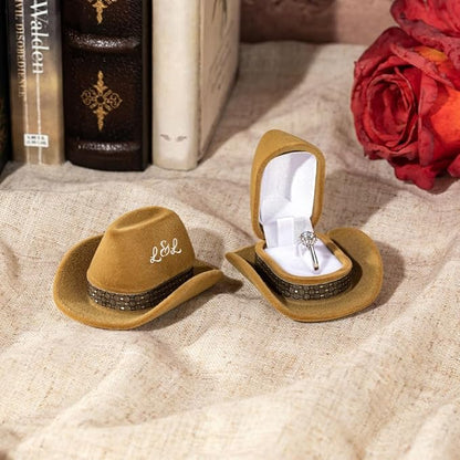 Custom Vintage Brown Cowboy Hat Jewelry Box - Decorative Ring Holder for Wedding and Engagement Rings - Elegant Storage Case and Gift for Western-Themed Ceremonies and Proposals