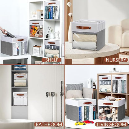 HNZIGE Fabric Cube Storage Bins - 4 Pack 13x15x13 Collapsible Storage Cubes for Organizing Shelves, Closet, Pantry - White, Gray