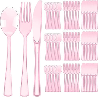 Minatee 150 Pieces Disposable Cutlery Set Plastic Silverware Heavy Duty Utensil Sets 50 Forks 50 Knives 50 Spoons for Home Office School Party Picnics Restaurant Outdoor Events(Pink)