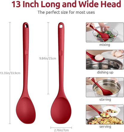 600ºF Heat Resistant Silicone Spoon: U-Taste 13.3in Solid Kitchen Cooking Spoon, Nonstick Food Grade Large & Long Soup Rubber Utensil for Mixing, Serving, Stirring, Basting, for Pot Cookware (Red)