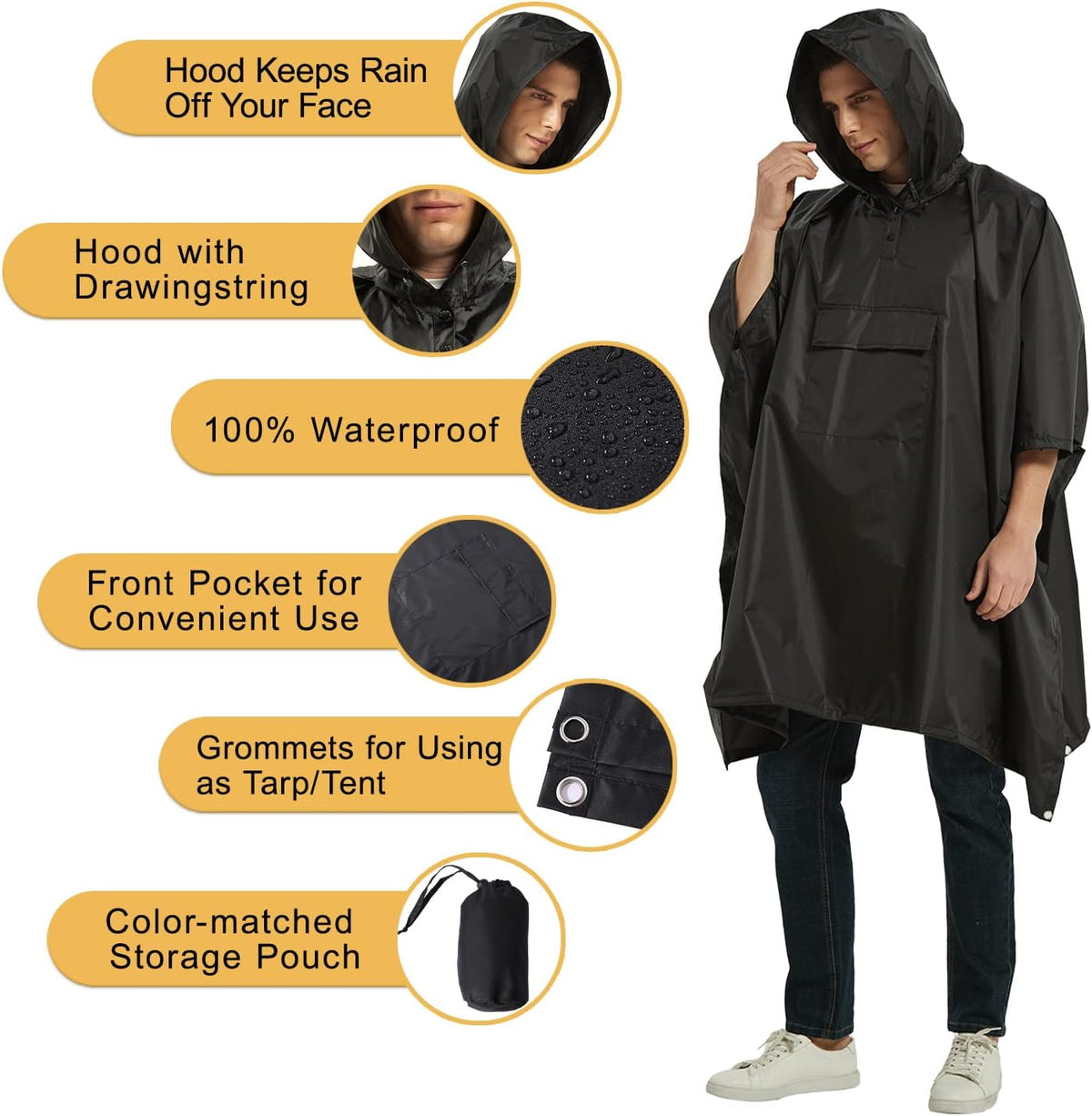 salamra Hooded Rain Poncho Waterproof Raincoat Jacket for Men/Women/Adults with Pocket