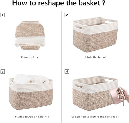 OIAHOMY 4 Pack Storage Baskets for Organizing, Basket for Shelves with Handle, Woven Baskets for Storage Toys, Towels, Books, Cotton Rope Basket 13" L x 9 " W x 7.8 " H, Brown & White