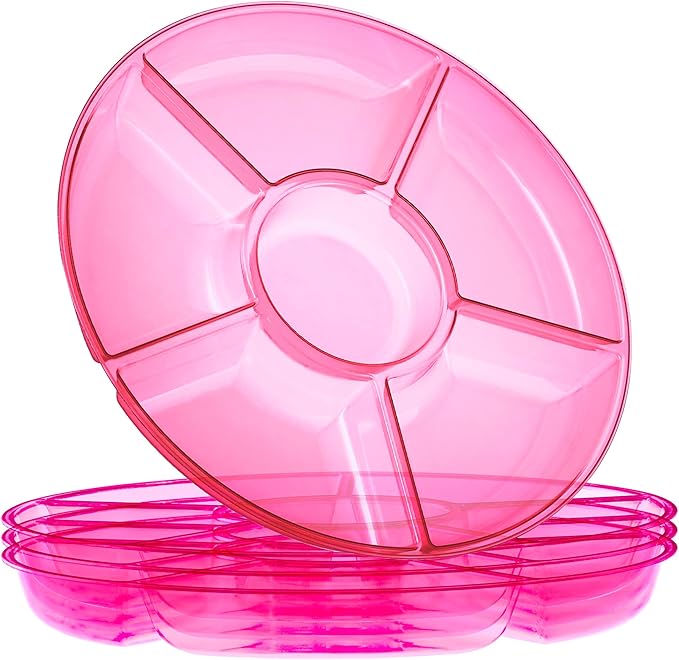 Plasticpro 6 Sectional Round Plastic Serving Tray/Platters Pink Pack of 2