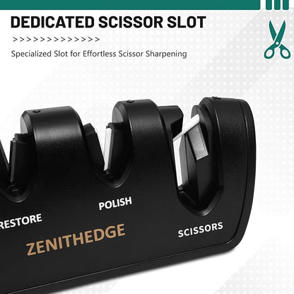 ZenithEdge® 3-in-1 Adjustable Knife Sharpener 14°-24° Angles for Kitchen, Fillet, Pocket Knives & Scissors - Tungsten Steel Ceramic Non-Slip Precision Sharpening Tool Gift