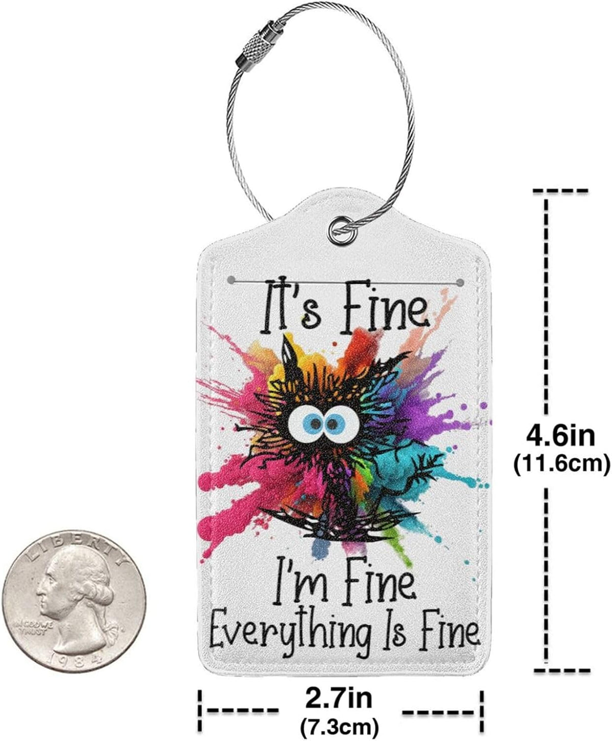 2 Pack Luggage Tags for suitcases Funny Cute I'm Fine It's Fine Luggage Tag, Leather Stainless Steel Loop Label Tag for Men Women Travel Bag Suitcase(White Fine)