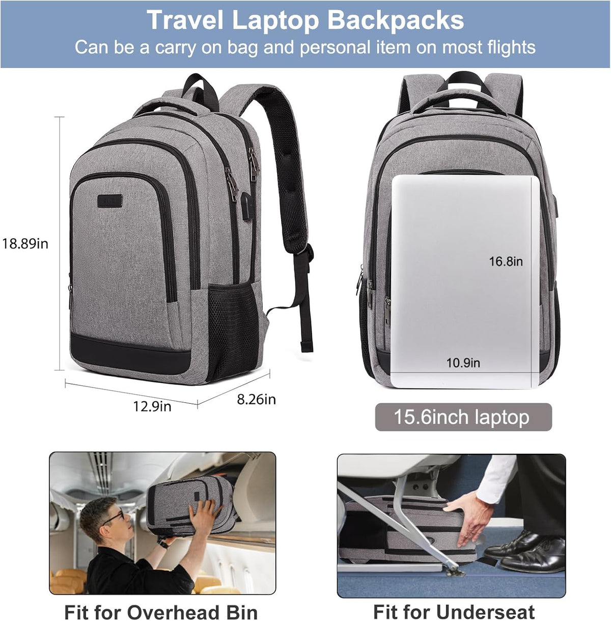 CLUCI Laptop Backpack for Men Women School Backpack College Bookbag for Men Water Resistant Travel Work Backpacks Fits 15.6" Laptop Business Computer Bag with USB Charging Port Grey