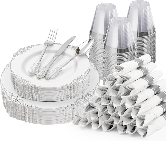 Bestluck 175PCS White Silver Disposable Dinnerware