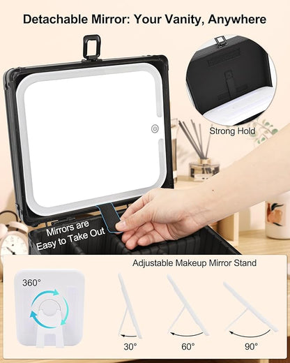 Makeup Box with LED Mirror, Makeup Bag with Light up Mirror& Adjustable Dividers Travel Make up Train Case Portable Cosmetic Organizer Case Waterproof Organizer Bag Gifts for Women and Girls