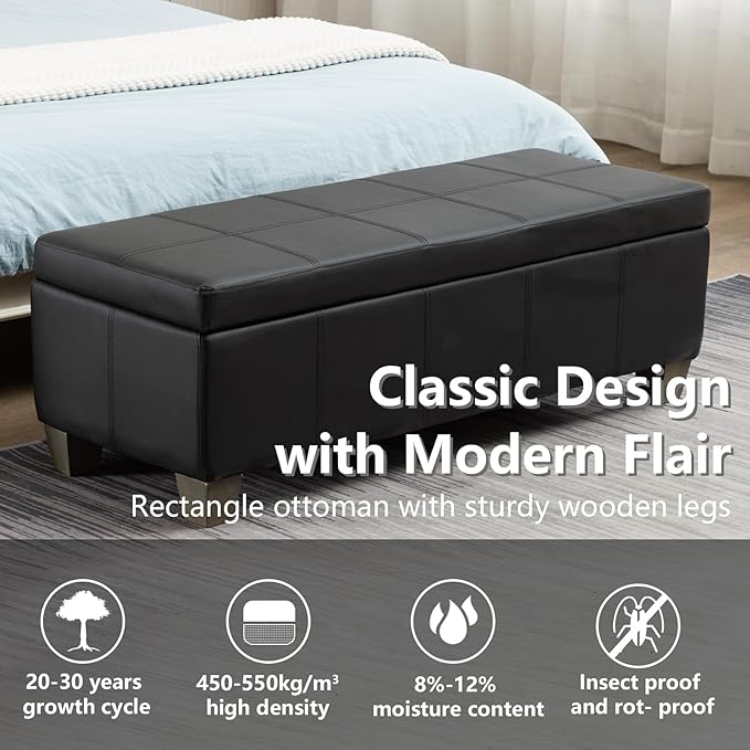 51 Inch Black Faux Leather Ottoman with Storage, Rectangular Extra Long Bench, End of Bed Bench with Large Storage for Bedroom, Living Room