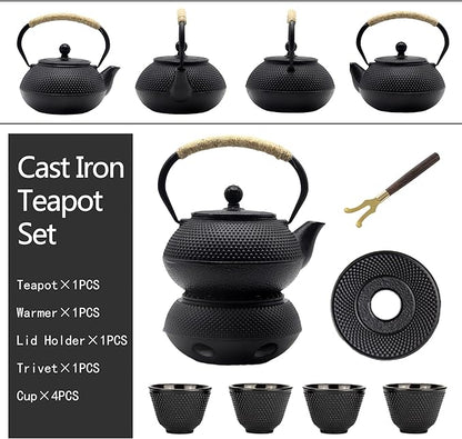 30.4oz Small Cast Iron Teapot Set with Candle Warmer, Japanese Tea Kettle for Stovetop Safe, Black Teapot and Tea Cup Set, Tea Pot with Strainer for Loose Leaf(900ml)
