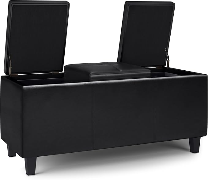 SIMPLIHOME Avalon 42 inch Wide Contemporary Rectangle Tray Storage Ottoman with Lift Up Lids in Midnight Black Vegan Faux Leather, Assembled, for the Living Room, Entryway and Family Room