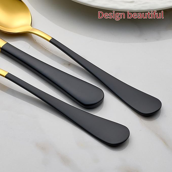 20-Piece Gold Silverware Set 18/0 Stainless Steel Flatware Black Handle Cutlery Set Service for 4 Dinner Knives Forks Spoons Set Mirror Finish Dishwasher Safe