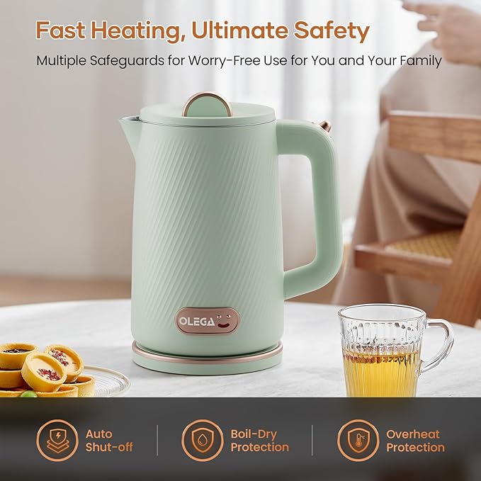 OLEGA Electric Kettle - 1500W Electric Tea Kettle 1.8L Stainless Steel Inner Electric Kettles for Boiling Water Auto Shut Off Boil-Dry Protection Electric Water Kettle for Coffee Tea Green