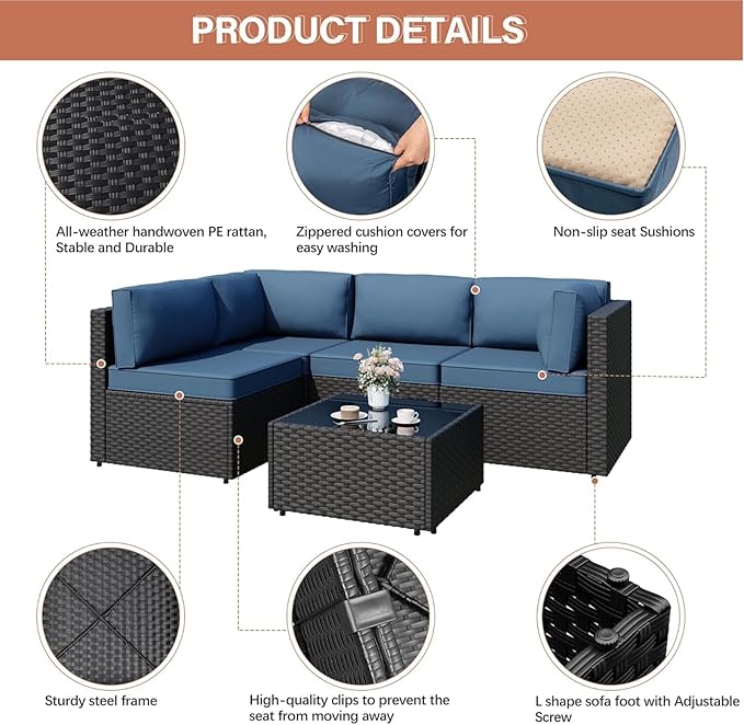 JAMFLY Patio Furniture Sets, 6-Piece Outdoor Patio Furniture