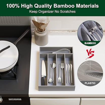 Bellsal Grey Utensil Organizer 10 Inch Silverware Tray for Drawer Utensil Holder Cutlery Organizer Kitchen Drawer Organizer 5 Compartment Small Narrow Bamboo