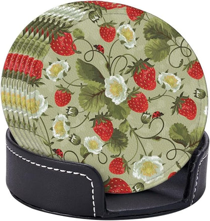 6 Pcs Strawberry Ladybug Leather Coasters