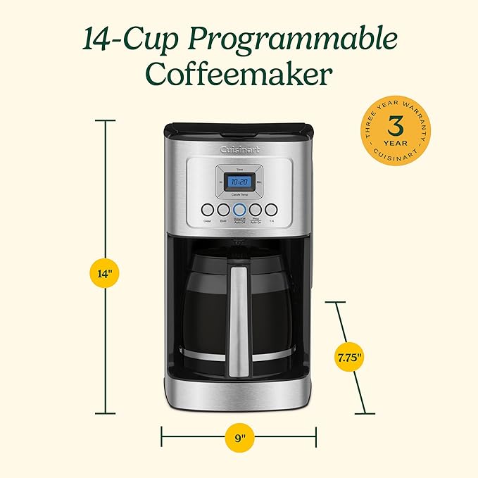 Cuisinart 14-Cup Coffee Maker, Programmable PerfecTemp Glass Carafe Coffee Machine with 1-4 Cup Setting, Brew Strength Control and Brew Pause, Stainless Steel, DCC-3200NAS