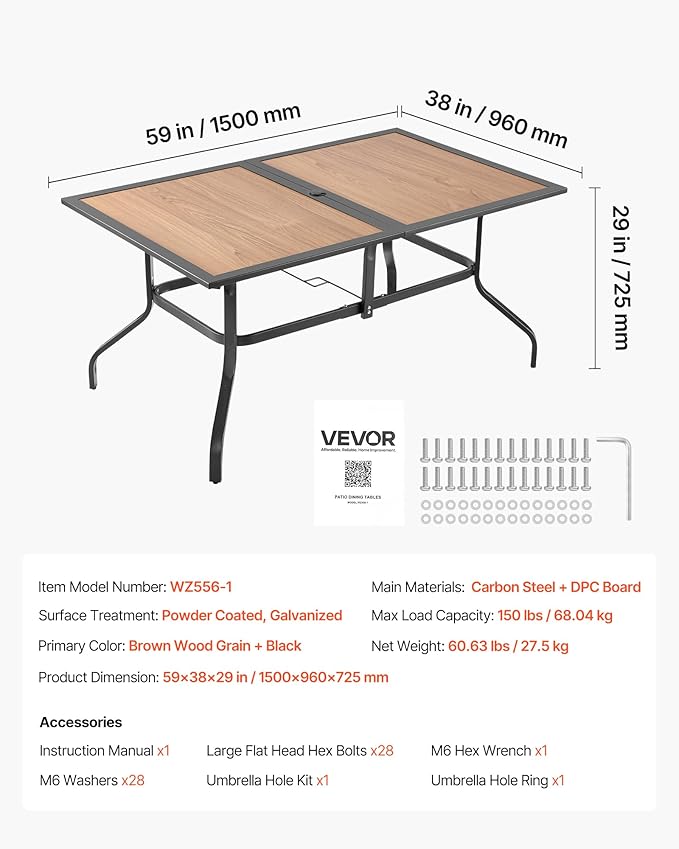 VEVOR Outdoor Patio Dining Table, 59 inch Long Rectangular Wood-Like Steel Slat