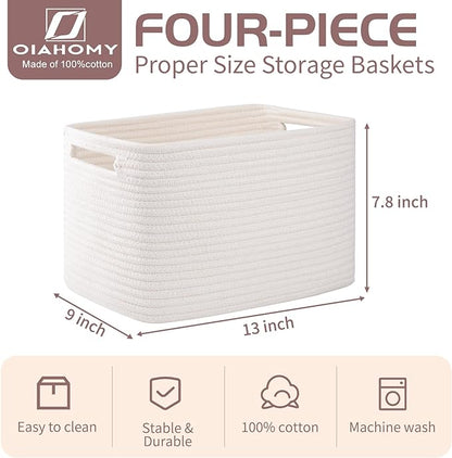 OIAHOMY 4 Pack Storage Baskets for Organizing, Cube Storage Bins for Shelves, Rectangle Storage Baskets With Handles, Woven Baskets for Storage, 12.7''Lx9''Wx7.8''H, White