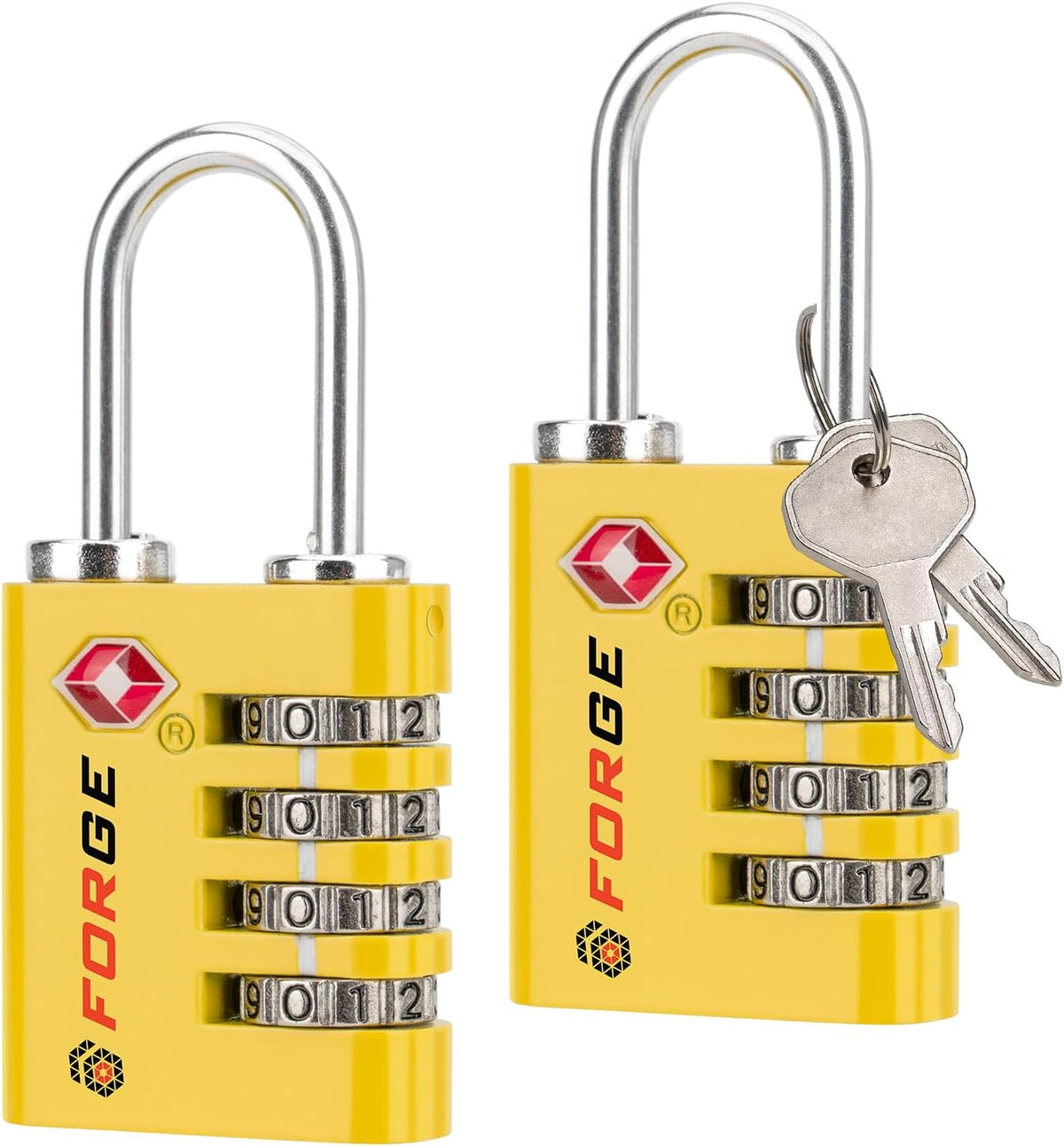Forge Dual-Opening: Key or Combination Access Lock, TSA Approved Locks for Luggage, Pelican case, Travel, Gym, School, Stainless Steel Shackle.(Yellow 2 Locks)