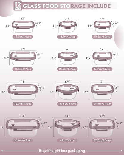 12-Pack Glass Containers with Tempered Lids – Borosilicate, Oven-Safe, Airtight, BPA-Free, Multi-Size for Meal Prep, Dishwasher Safe (Pink)