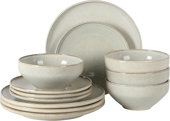 Gibson Elite White Sands Plates and Bowls Sets, 12-Piece Stoneware Dinnerware